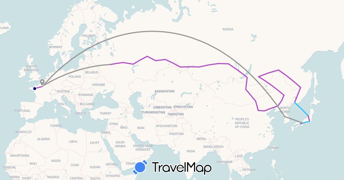 TravelMap itinerary: driving, plane, train, boat in China, France, Japan, South Korea, Mongolia, Russia (Asia, Europe)